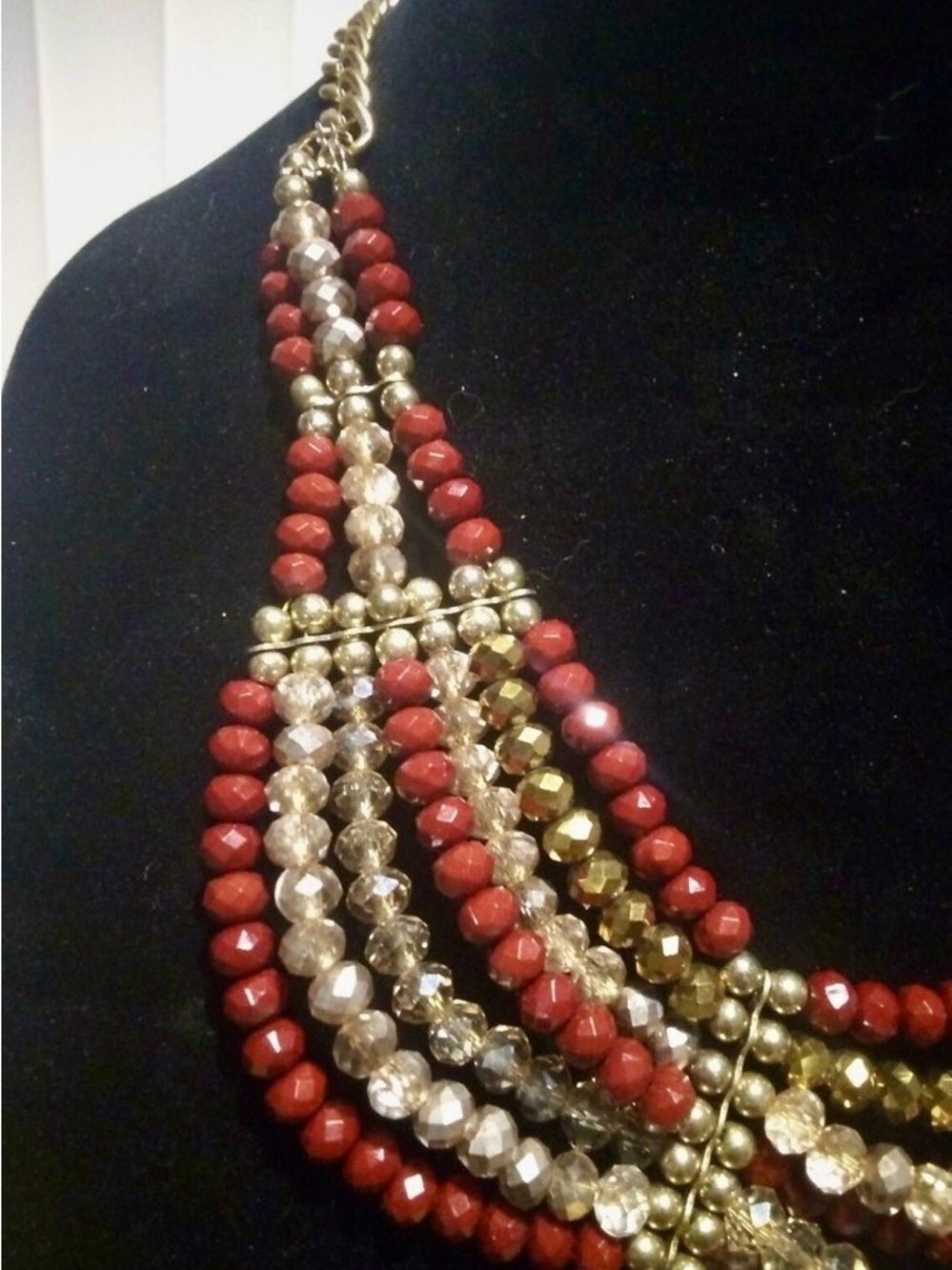 Statement Piece Red and Gold Multi-Strand Necklace acrylic and glass beads - Picture 7 of 11